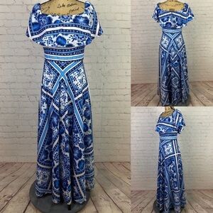 Eliza J Blue/White Print Ruffle Square Neckline Maxi